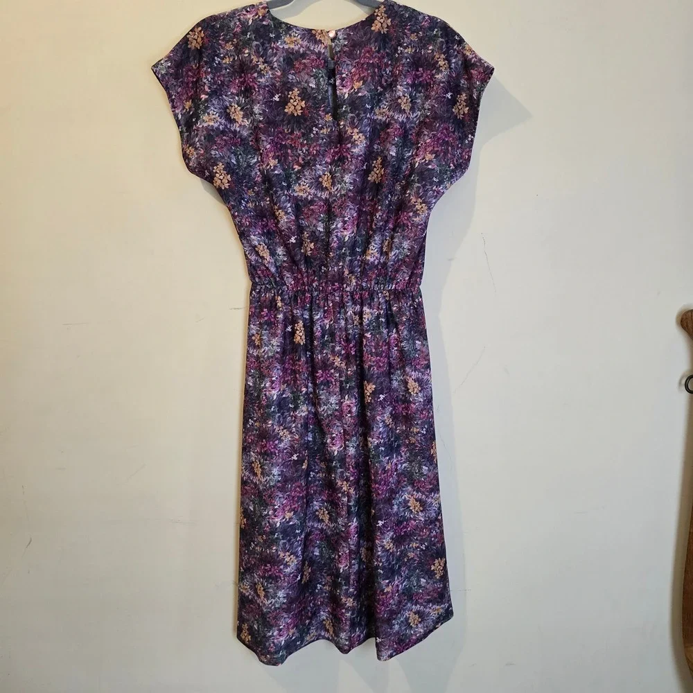 Anthony Richards Vintage Floral Midi Dress Purple Elastic Waist Made in USA 10